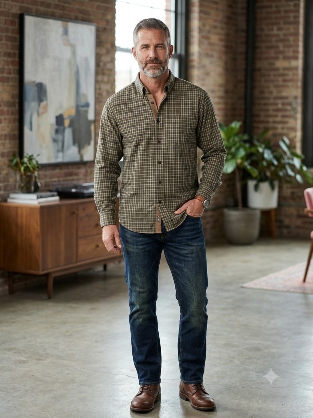 Arizona Jean Company Olive Plaid Button-Down Shirt Men's L.